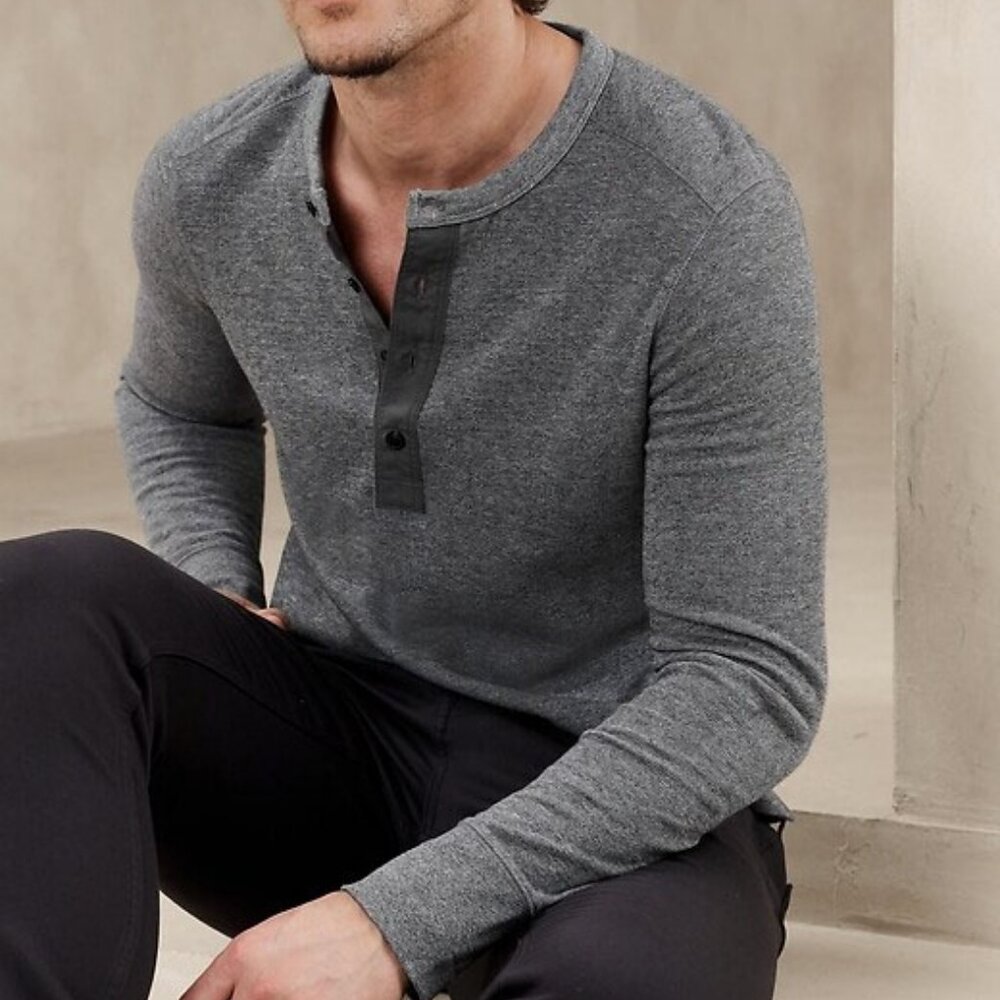 Double-Knit Henley T-Shirt - GREY #734154
